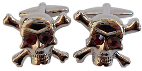 2er Set Manschettenknöpfe Schmuck für Herren | Motiv Totenkopf | Aus Edelstahl, silberfarben Rot | Inklusive Geschenkbox