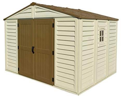 Duramax WoodBridge Plus 10 x 8 (7.64 m²) Kunststoff gerätehaus mit 1 festen Fenster und Metallfundamentset, wartungsfreie, robuste & Dachstruktur aus Metall Gerätehaus - Ivory/Brown, Beige & Braun
