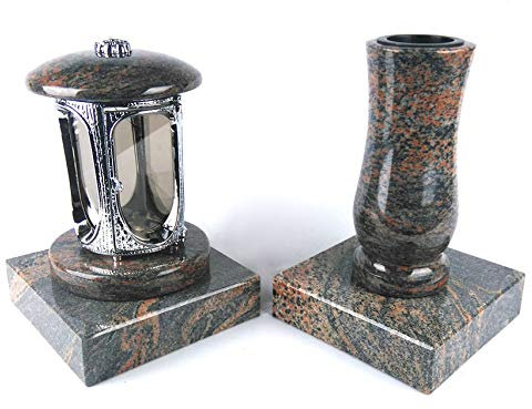 designgrab Grablampe aus verchromtem Aluminium und Grabvase und 2 Stück Sockel eckig in Granit Gneis Halmstad