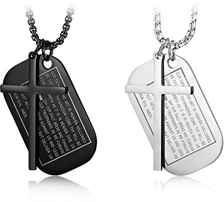JewelryWe Schmuck Herren Kreuz Halskette, Retro Kruzifix Englisch Bibel Herr Gebet Erkennungsmarken Dog Tag Anhänger mit 24 Zoll Kette, Edelstahl, Silber/Gold/Schwarz, kostenlos Gravur