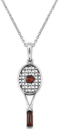 Kiara Jewellery Collar de plata de ley 925 con colgante de raqueta de tenis y raqueta de ámbar marrón en cadena de 45,72 cm de plata de ley.