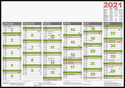 Brunnen 1070142001 Tischkalender/Tafelkalender A 4 Modell 701 42, 1 Seite = 6 Monate, auf Pappe kaschiert mit schwarzem Rand, Kalendarium 2021