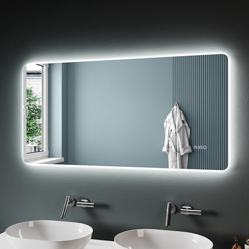 SONNI Badspiegel mit Beleuchtung 120×60 cm, 3 einstellbare Lichtfarben, Anti-Beschlag Badezimmerspiegel mit Uhr und Temperaturanzeige, LED Badspiegel mit Touchschalter Wandspiegel