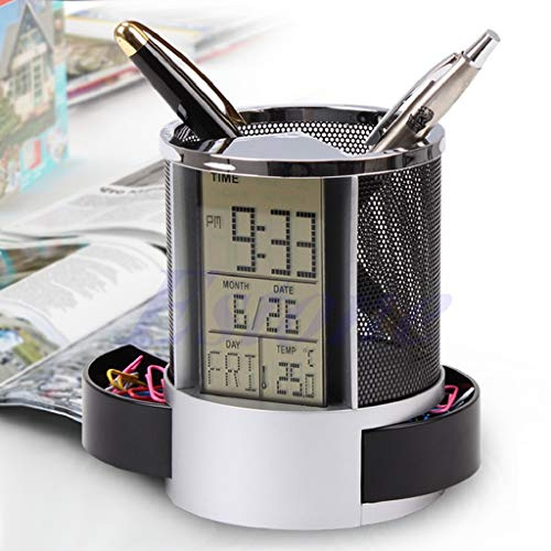 Digital LCD Pen Pot Alarm Clock Mesh Pen Pot Holder Desk Tidy Organizer Dispaly Temp Time Calendar School Office Stationery Decor Gift