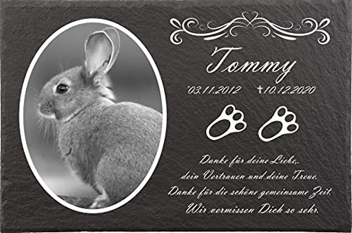 Pokal Center Westerheider Tiergrabstein Kaninchen mit Foto, Gedenksteine für Kaninchen mit Pfoten mit personalisierter Gravur, Kaninchen Gedenksteine aus Naturschiefer 20x30 cm