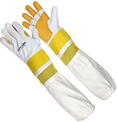 SAFTA Premium Quality Leather Beekeeping Gloves, Bee keepers Gloves for Professionals, Ventilated Long Sleeves, Elastic Cuffs Sting Proof Bee Glove, Thorn proof Gardening Work Gloves. XS to3XL (3XL)