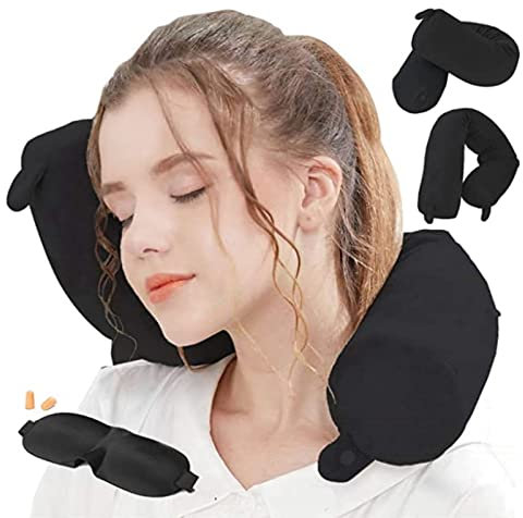 Hxcxrst Reisekissen - Memory Foam Nackenkissen Stützkissen für Nacken-, Kinn-, Taillen- und Beinstütze - geeignet für Heimreisen, Flugzeug, Bus, Bahn, verstellbar.（Schwarz）