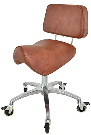 VAKON SALON - Breiter Sattelhocker Hellbraun mit Bremse mit Lehne, Sattelstuhl für Rückenentlastung, Rollhocker höhenverstellbar von 50-65 cm, Praxishocker, Bürohocker, Arbeitshocker