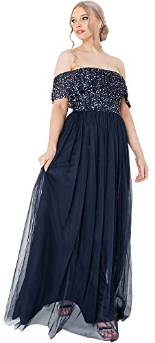 Maya Deluxe Abendkleid Damen Brautjungfernkleid Bardot Paillettenverzierung Abendkleid Elegant für Hochzeit Tüllkleid