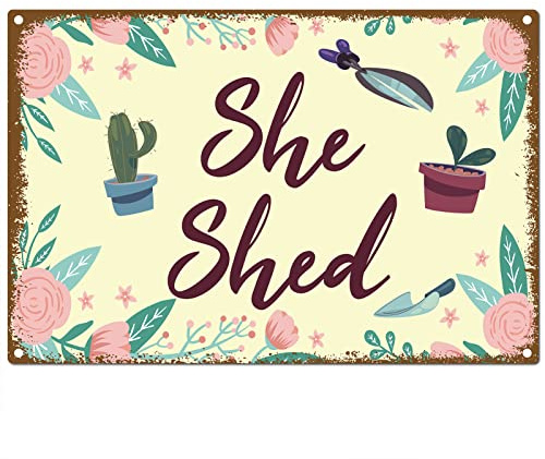 CREATCABIN She Shed Signs Tin Plate Flowers Leaves Cactus Metal Sign Funny Plaque Retro Poster Bathroom Wall Decorations for Outdoor Indoor Home Hotel Restroom Door Decor, 8x12Inch