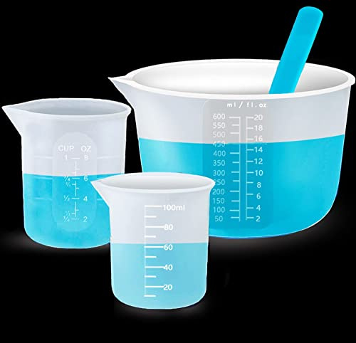 4 Stück Silikon Messbecher Set für Epoxidharz, Silikonbecher 600ml/250ml/100ml Messbecher Krüge mit 1 Silikon Rührstäbchen für Epoxy Resin, DIY, Basteln, Labor(600ML)