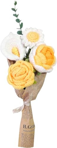 DRYFAL Fertig gestrickter gehäkelter Blumenstrauß, handgehäkelter Blumenstrauß, gemischt, handgefertigt, gestrickte Blume, Rose, Sonnenblume, Gänseblümchen, künstliche Blume für Vase, Heimdekoration,