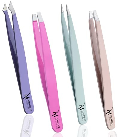 Tweezers Set for Eyebrows 4 Pcs – Slant, Point, Flat & Angled Precision Hair Removal Tools for Men & Women, Eyebrows & Facial Hair, Stainless Steel, Multi-Colour by Mahfooz Instruments