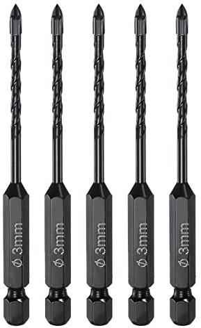 sourcing map 5pcs Masonry Drill Bits, 3mm Concrete Drill Bit 1/4 Hex Shank Ceramic Tile Drill Bit Carbide Tip for Brick, Glass, Plastic, Ceramic Tile, Wall Mirror, Black
