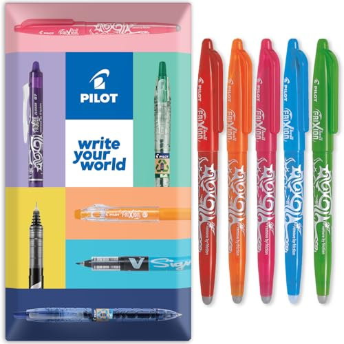 Pilot Frixion Heat / Friction radierbarer Tintenroller FR7, mittlere Strichstärke, 0,7 mm Spitze, helles Kissen, 5 Stück, Rot, Orange, Rosa, Hellblau und Limettengrün