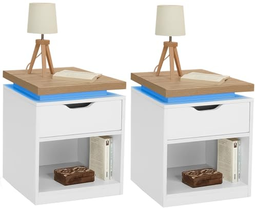 IDMarket - Lot de 2 Tables de Chevet Luna à LEDs 1 tiroir avec Niche Blanc et Plateau Effet Bois