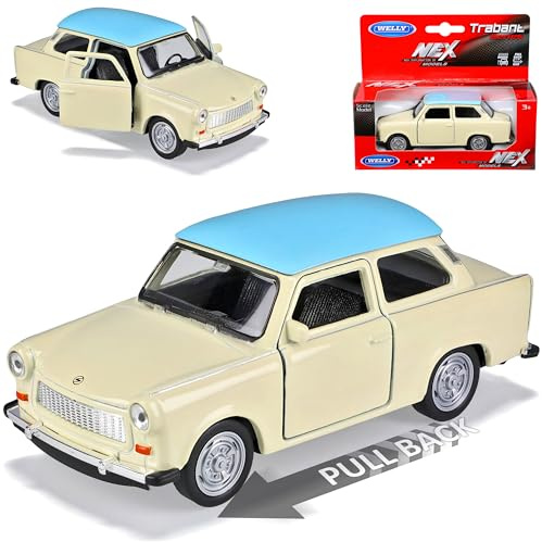 Welly Trabant 601 Limousine Beige mit Blauem Dach und Rückzugsmotor ca 1/43 1/36-1/46 Modell Auto