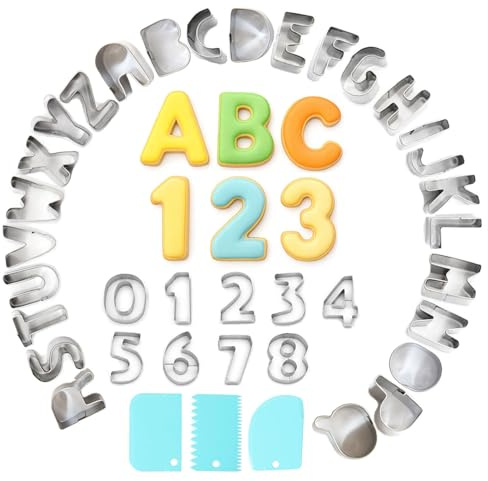 xify's 36 Pcs Alphabet Cookie Cutters, Number Cutters, 1 Inch, Stainless Steel Fondant & Number Dough Mold for Holiday Party Birthday Festival Decorations, Biscuit Fruit Cutters, With Dough Scraper