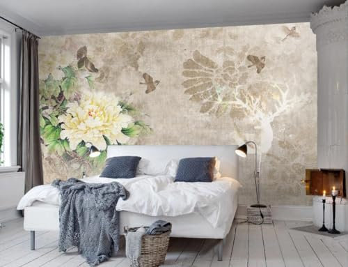 Fototapete Blumen 3D Tapeten 3D Effekt Wohnzimmer Schlafzimmer Vliestapete Vintage Hintergrund Pfingstrose Vögel Elch Natur Grau Graffiti Steinoptik Kinder Tapeten