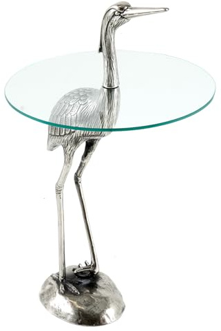 Beistelltisch WILDLIFE HERON 51cm - silber transparent - Sicherheitsglas | Handgefertigt, detailgetreue Fischreiher-Figur, 30 kg Belastbarkeit, angenehme Haptik, Aluminiumgestell