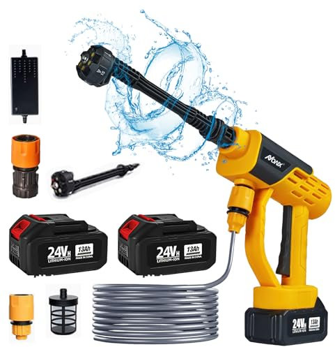 Akku Hochdruckreiniger,24V Mobiler Hochdruckreiniger mit 2 x 6500mAh Akku,6-in-1-Multifunktionsdüse, 5M Schlauch, LED-Anzeige, Passend für Autowäsche,Bodenreinigung,Gießen von Blumen ﻿ ﻿ (13000mAh)