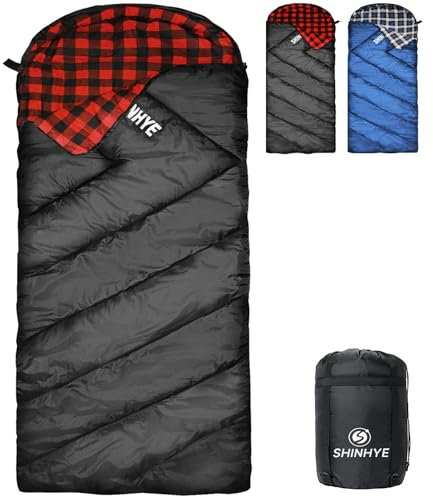 ShinHye 0-Grad-Schlafsack für Erwachsene – Baumwollflanell, 4 Jahreszeiten, kaltes Wetter, Winter, XXL, großer und hoher Camping-Schlafsack mit Kompressionssack (schwarz, 228 x 89 cm, Reißverschluss