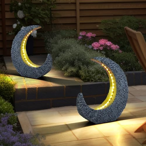 GLOBO Gartendeko Solarlampen für Außen Tischdeko Gartentisch Garten Solarleuchte für Balkon, Mondsichel Stein Optik Grau Gold, LED warmweiß, LxH 28 x 31 cm, 2er Set