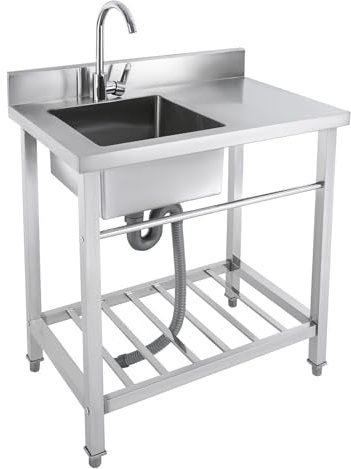 Fristående handfat i rostfritt stål, 80 x 55 x 84 cm utomhus diskbänk med underskåp 100 kg lastkapacitet, diskbänk 1 handfat X-guide tvättställ rostfritt stål tvättställ fristående kök Utility