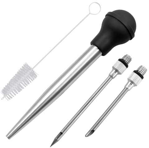 Set di 4 siringhe per carne in acciaio inox, iniettori per marinata, siringhe per carne, bulbo in gomma di grado commerciale, iniettore di carne di tacchino e spazzola per la pulizia con 2 aghi per