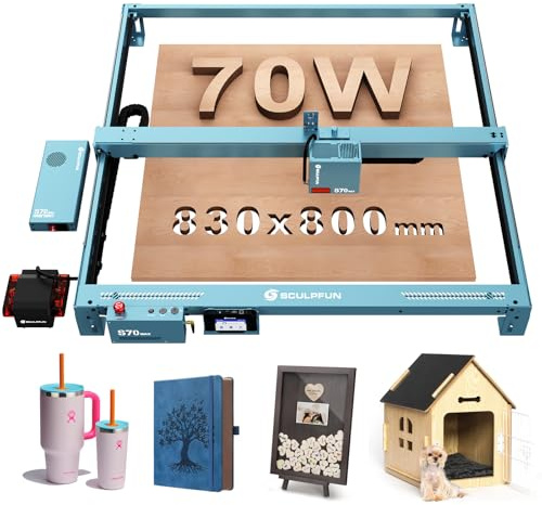 SCULPFUN S70 Max 70W Laser Graviermaschine 36000 mm/min Gravurgeschwindigkeit mit 50L/min Automatische Air Assist Z Achse Autofokus 830x800mm Gravurbereich Laserschneider für Holz Metall
