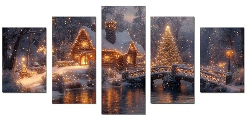 JOSUE 5-teiliges Set Bilder Winterlandschaft XXL Wald, Weihnachtliche Szenerie Wohnzimmer Wandbilder Leinwandbilder Bild auf Leinwand Kunstdruck Wanddeko - 80x150cm Ungerahmt(Gold)