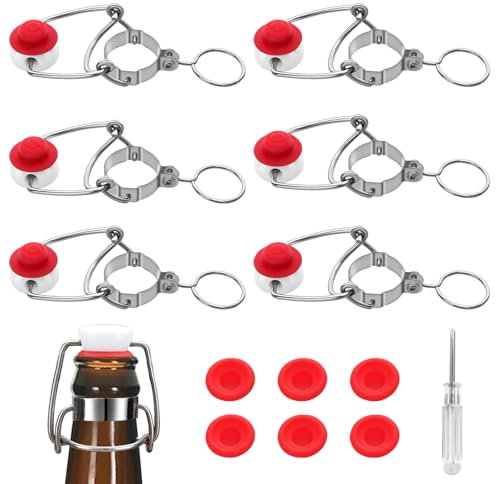 [6 +6] 18mm Swing Top Glass Bottle Caps Flip Top Beer Bottle Cap Beer Bottle Airtight Lids Leakproof Easy Cap Swing Top Beer Bottle Cap 6 Swing Cap with Replacement Silicone Gaskets
