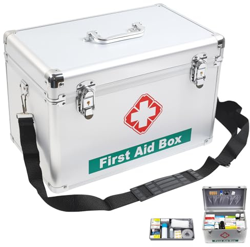 Gemsaya Medikamentenbox mit Schlüssel | Abschließbar, 36,5 × 24 × 22 cm | Tragbarer Medizinkoffer mit Griff und Gurt, Erste-Hilfe-Box zur Medikamenten-Aufbewahrung für Zuhause, Schule und Klinik