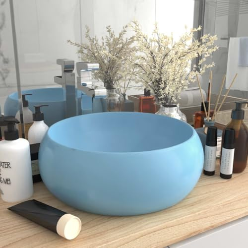 Vasque à Poser Salle de Bain Maison Lavabo rond Évier Lave-Mains de Salle d'eau Vasque a Poser en Céramique Moderne, Bleu clair mat 40x15 cm