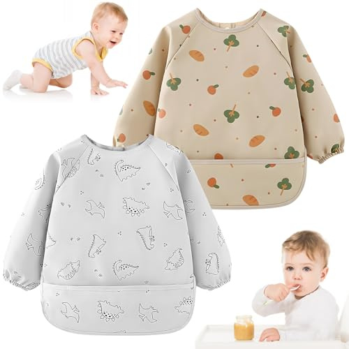 Lätzchen Baby mit Ärmeln, 2 Pcs Lätzchen zum Abstillen mit Langen Ärmeln, PU Wasserdichtes Latz Leicht zu Reinigen mit Tasche, Weiches und Hautfreundliches für Babys Kleinkinder 12-48 Monate