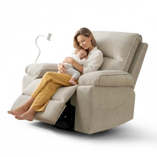 YuuYee Nursery Rocking Chairs Glider Recliner with Flexible Phone Holder, Oversized 360° Swivel Rocker Recliner, Comfortable Nursing Chair for Baby Breastfeeding, Manual Reclining, Velvet, Beige