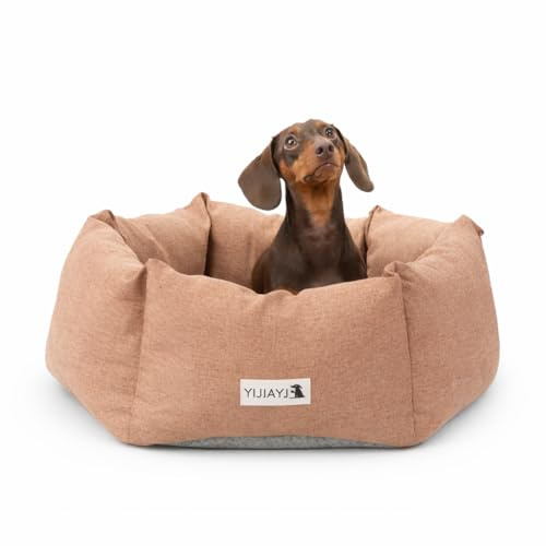 Rundes Hundebett, weiches Kuschelbett mit hohem Rand, gemütlicher Hundekorb aus Stoff für kleine Hunde und Katzen, mit rutschhemmender Unterseite, ideal für Sofa, Boden und Schlafzimmer, Beige