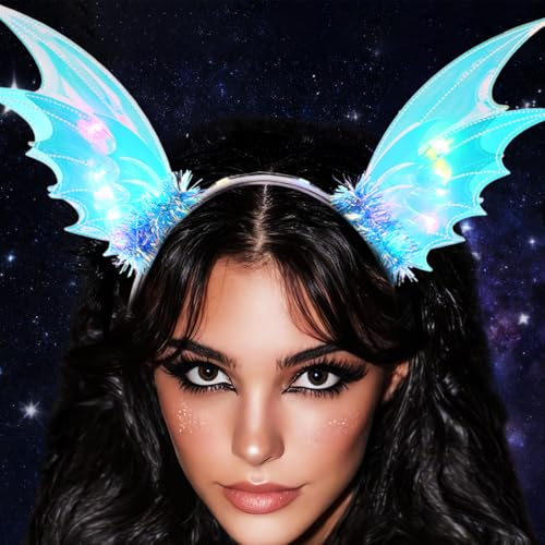 Handcess Leuchtender Feenflügel Stirnband LED Elfe Haarband Leuchtende Festival Kopfbedeckung Glitzer Kostüm Haarreifen Glow Karneval Rave Haarschmuck für Frauen