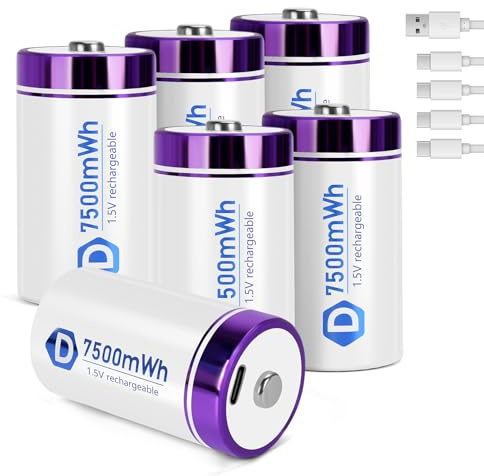 seyyen Rechargeable Lithium D Batteries with 4 in 1 USB-C Charge Cables,6 Pack D Cell Li-ion Battries,LR20 1.5V D Size Cell Battery Replacement 7500mWh for Floodlight(6 Pcs)