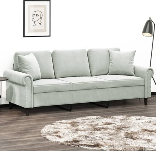 Mimdixy Couch Küchensofa 3-Sitzer-Sofa mit Zierkissen Hellgrau 180 cm Samt für Wohnzimmer Schlafzimmer