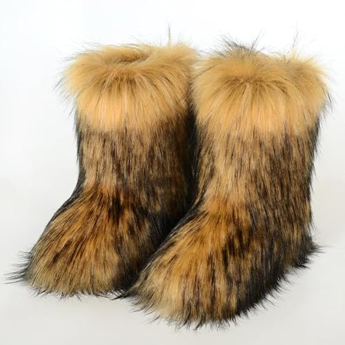 Kvinnors snöboots i konstpäls, fluffiga benvärmare, vinterstövlar till mitten av vaden, mode och bekväma utomhusstövlar brown European-size-41⅓