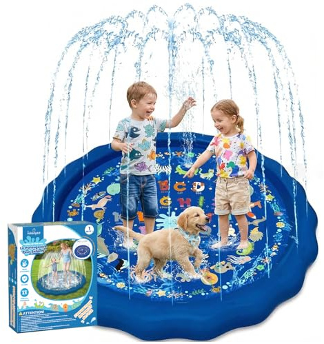 Tapis Aquatique antidérapant KiddoSpace Splash Pad avec Motifs éducatifs, idéal pour l’été en extérieur, Cartes d’Apprentissage Incluses, sans BPA, Parfait pour bébés et Enfants