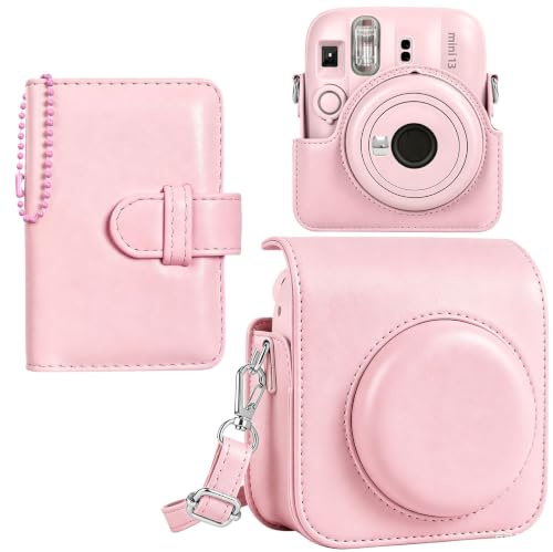 HIYQIN Instax Mini 13 Camera Case and Album, Elegant PU Leather Protective Cover for Fuji Instax Mini 13 Camera, Carrying Bag with Photo Pocket, Key-Chain Photo Album and Shoulder Strap - Pink