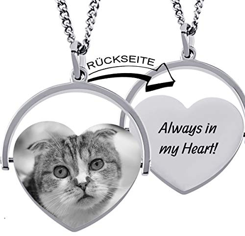 Herzanhänger mit Bild Gravur Geschenk für Katzenbesitzer Kettenanhänger - inkl. Fotogravur Bildgravur - Edelstahl AH449biac-10 - mit AMAZON KONFIGURATOR direkt online gestalten !