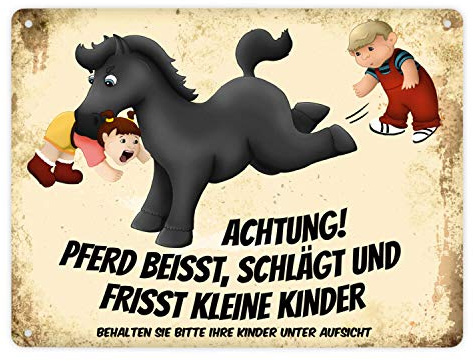 Metallschild XL mit schwarzes Pferd Motiv und Spruch: Achtung! Pferd beisst schlägt und frisst kleine Kinder
