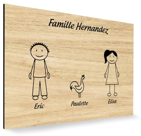 Plaque de maison Family personnalisée avec 3 membres pour boite aux lettres - Format 12x8 cm - Plaque Bois clair - Lettres noires