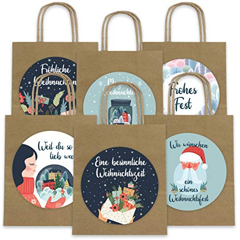 Papierdrachen Geschenktüten Weihnachten - 6 Stück - braun - inkl. XXL-Stickern mit Motiven in Mint & Petrol - 22,5×18×8 cm - Henkeltüten Geschenkverpackung
