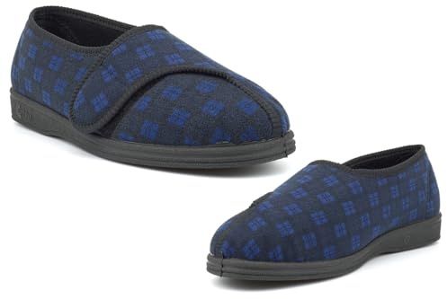 Mens Extra Wide Slippers Mens Wide Fit Slippers Machine Washable Slipper EEEE Slipper Touch Fastening 4E Width Sizes 6-13 Navy Blue (EEEE Fitting)