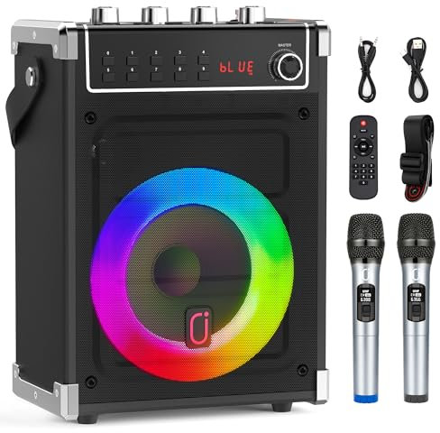 JYX Karaoke Machine with 2 UHF Wireless Microphones, Bluetooth Speaker with Bass/Treble/Echo Adjustment & LED Light, Support TWS, AUX In, FM, REC, Supply for Party/Adults/Kids