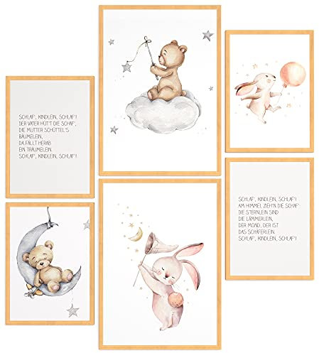 Papierschmiede® Bilder Kinderzimmer Kids Mood Poster Set Gute Nacht Tiere, Gerahmte Bilder fürs Kinderzimmer in Natur-Holzrahmen, 2x DIN A4 und 4x DIN A5, Hase Teddy Schlafen